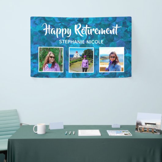 Happy Retirement海ブルー複数の写真 横断幕 (トレードショー)