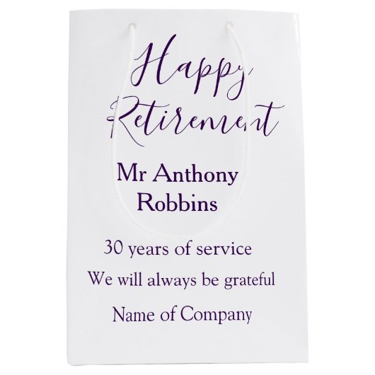 Happy retirement add name 退職した of service ミディアムペーパーバッグ (正面)