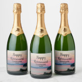 Happy Retirement Pink Sunset with Name スパークリングワインラベル (ボトル)