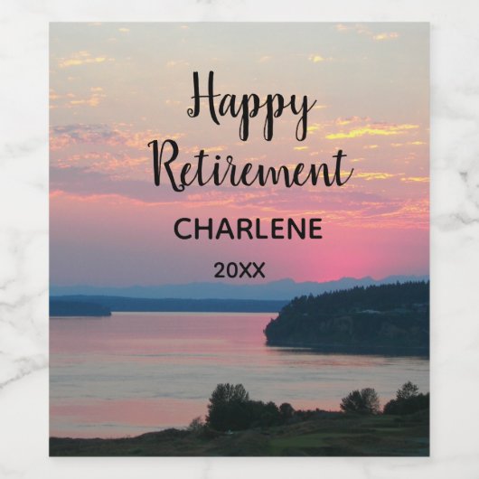 Happy Retirement Pink Sunset with Name ワインラベル (シングルラベル)