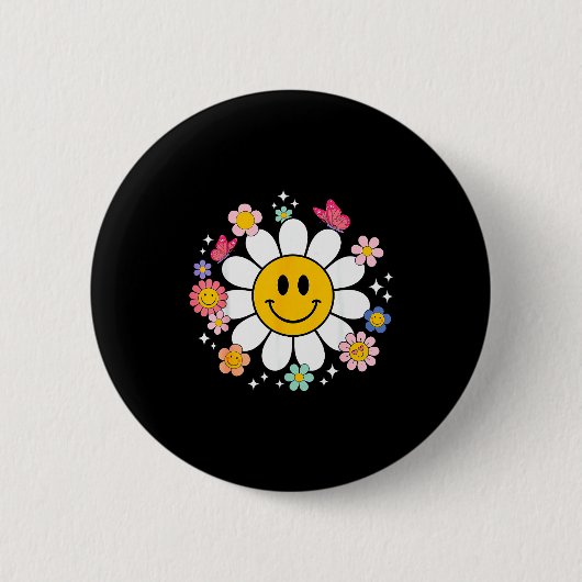 Happy Retro Daisy Smile Face Preppy Aesthetic Men 缶バッジ (正面)