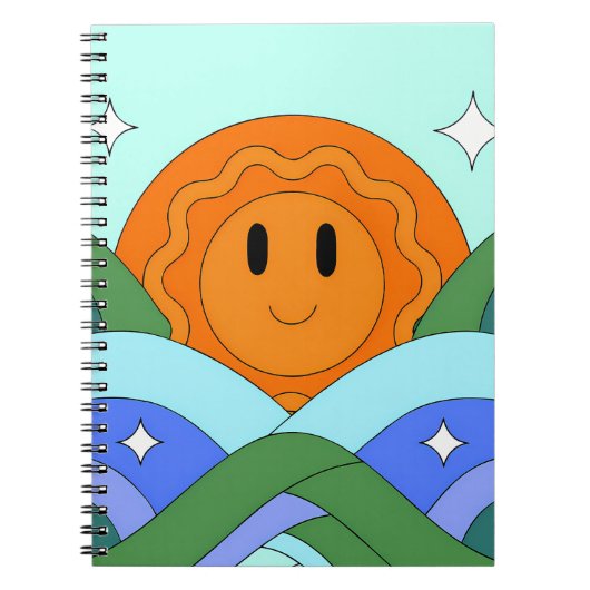 Happy Retro Sun Over Rolling Hills ノートブック (正面)
