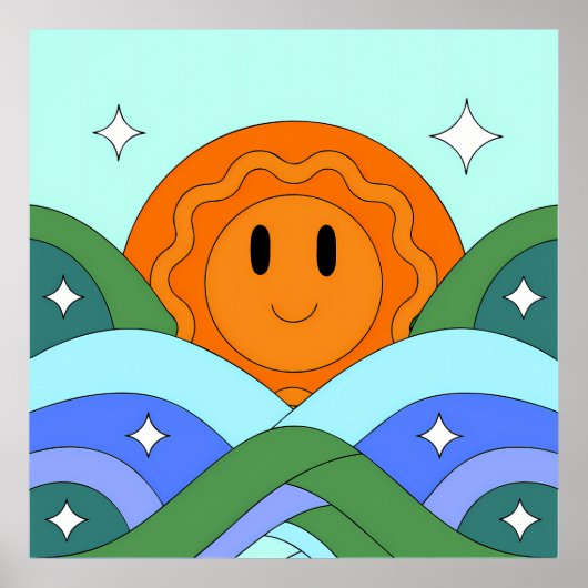 Happy Retro Sun Over Rolling Hills ポスター (正面)