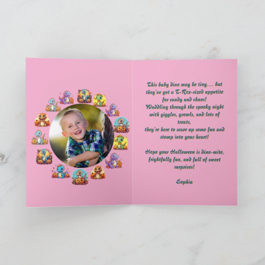 Happy RoarかわいいDinoフォトハロウィンカード カード (内部)