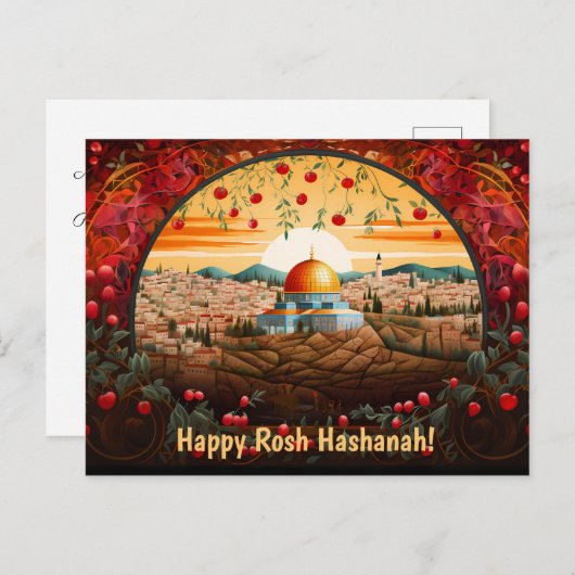 Happy Rosh Hashanah with Dome of Rock & apple ポストカード (正面/裏面)