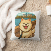 Happy Samoyed Walk by the City Waterfront クッション (ブランケット)