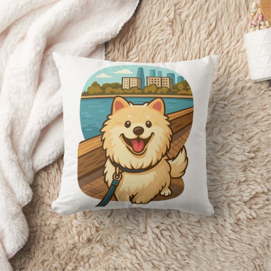 Happy Samoyed Walk by the City Waterfront クッション (ブランケット)