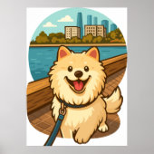 Happy Samoyed Walk by the City Waterfront ポスター (正面)