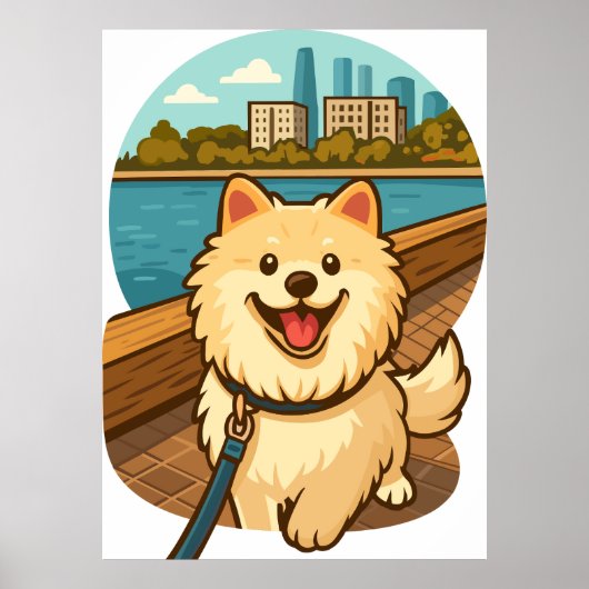 Happy Samoyed Walk by the City Waterfront ポスター (正面)