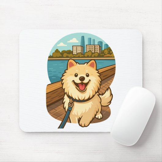 Happy Samoyed Walk by the City Waterfront マウスパッド (マウス)