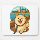 Happy Samoyed Walk by the City Waterfront マウスパッド (正面)