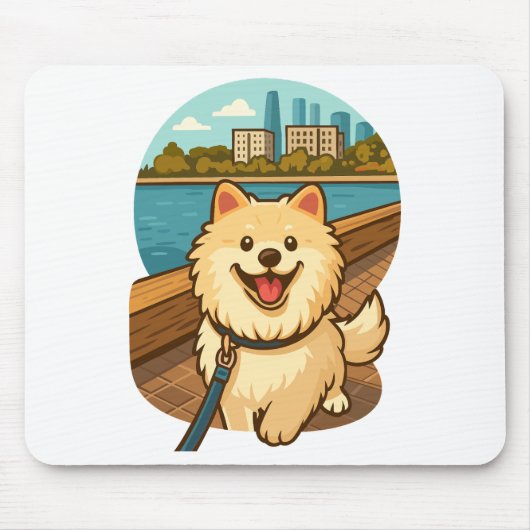 Happy Samoyed Walk by the City Waterfront マウスパッド (正面)
