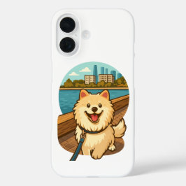 Happy Samoyed Walk by the City Waterfront iPhone 16ケース
