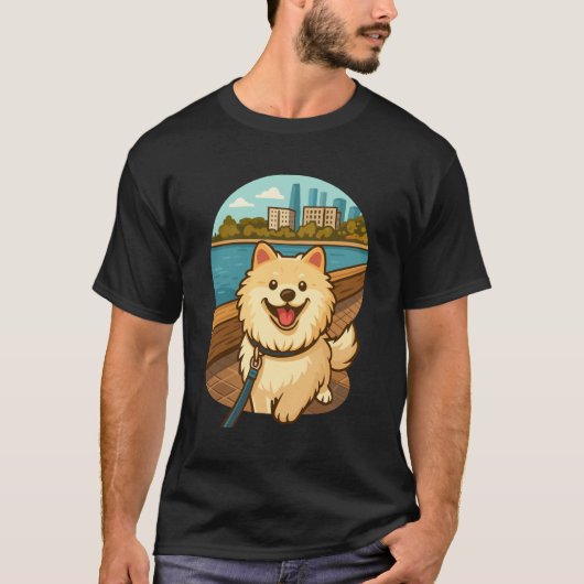 Happy Samoyed Walk by the City Waterfront Tシャツ (正面)