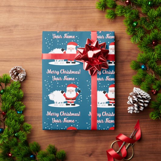 Happy Santa Claus cartoon with sheep Christmas ラッピングペーパー (クリスマスギフト)