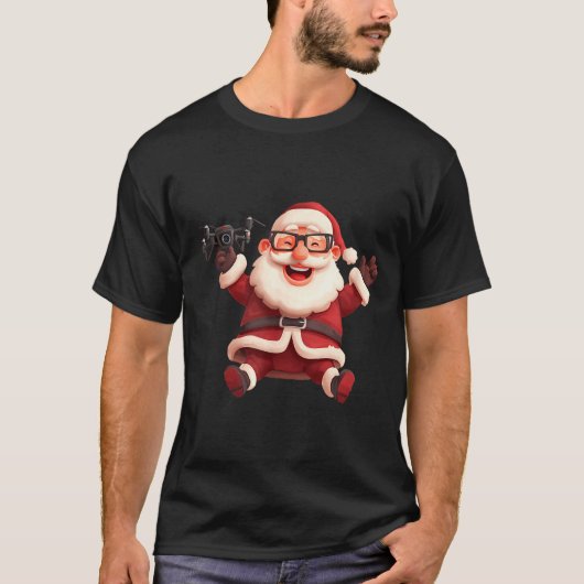 Happy Santa Claus With Drone For Lots And Drones L Tシャツ (正面)