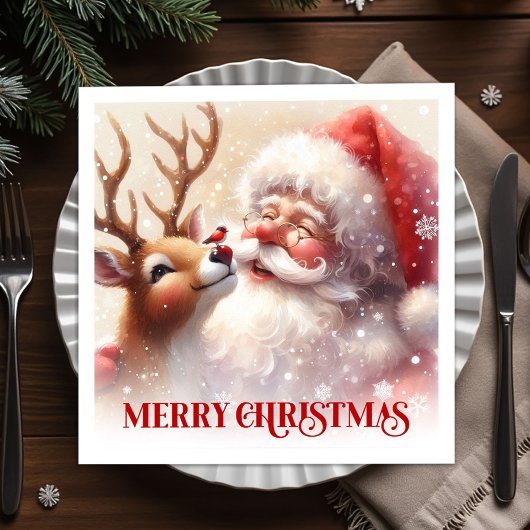 Happy Santa Rudolph Holiday Table Napkins スタンダードカクテルナプキン