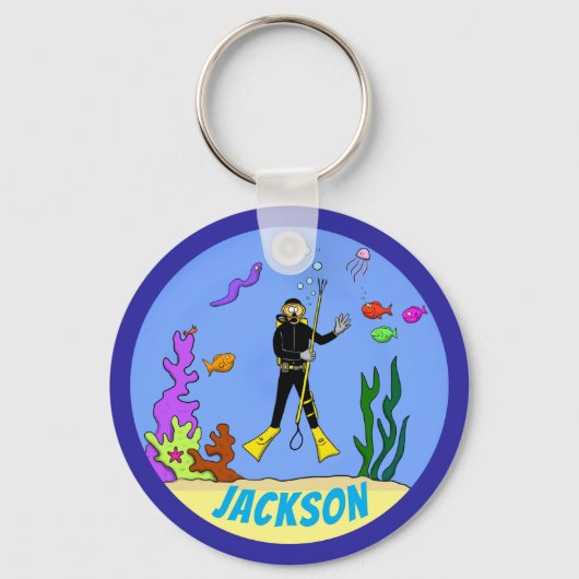 Happy scuba diver and fish cartoon keychain キーホルダー (正面)
