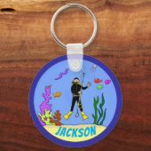 Happy scuba diver and fish cartoon keychain キーホルダー (正面)