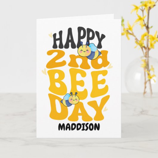 Happy Second Bee Day Birthday Honey Bee カード (黄色い花)