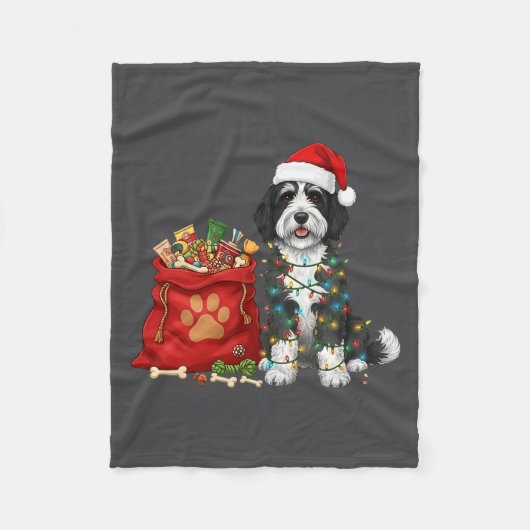 Happy Sheepadoodle Christmas Lights Dog Mom Sheepa フリースブランケット (正面)