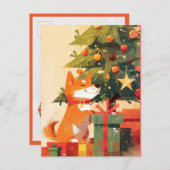 Happy Shiba Inu beside Christmas Tree and Gifts シーズンポストカード (正面/裏面)