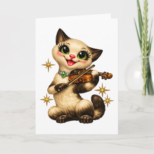 Happy Siamese Cat Playing Violin Retro Mid Century カード (正面)