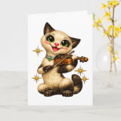 Happy Siamese Cat Playing Violin Retro Mid Century カード (黄色い花)