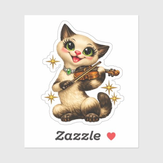Happy Siamese Cat Playing Violin Retro Mid Century シール (シート)