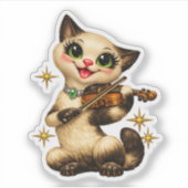 Happy Siamese Cat Playing Violin Retro Mid Century シール (正面)