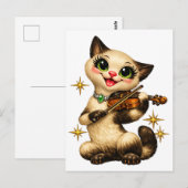 Happy Siamese Cat Playing Violin Retro Mid Century ポストカード (正面/裏面)