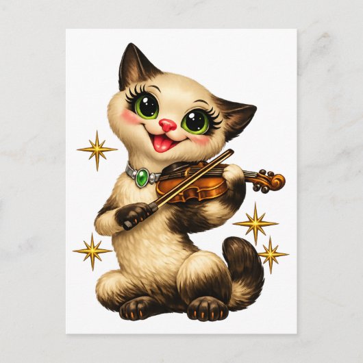 Happy Siamese Cat Playing Violin Retro Mid Century ポストカード (正面)