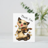 Happy Siamese Cat Playing Violin Retro Thank You ポストカード (スタンド正面)