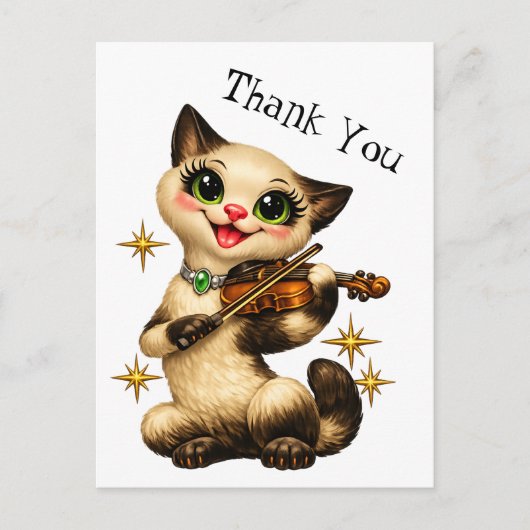 Happy Siamese Cat Playing Violin Retro Thank You ポストカード (正面)