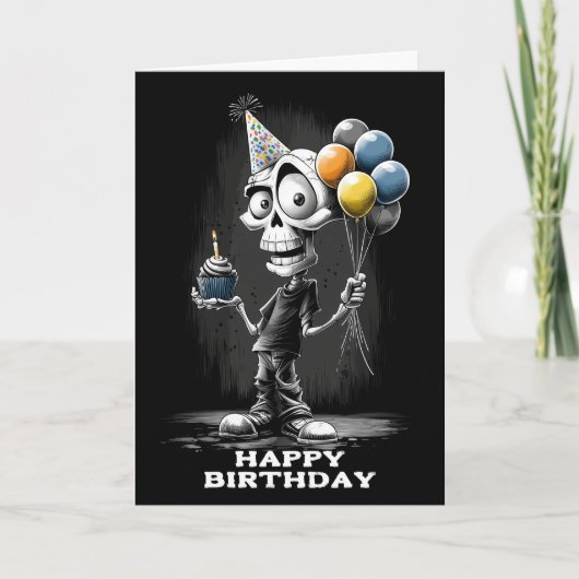 Happy Skeleton Wearing a Party Hat Birthday カード (正面)