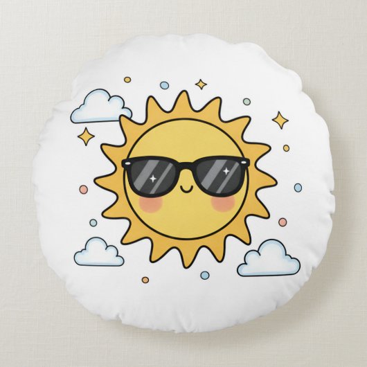 Happy Smiling Sun Cartoon - Minimalist Kawaii Suns ラウンドクッション (正面)
