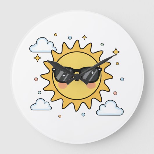 Happy Smiling Sun Cartoon - Minimalist Kawaii Suns ラージ壁時計 (正面)