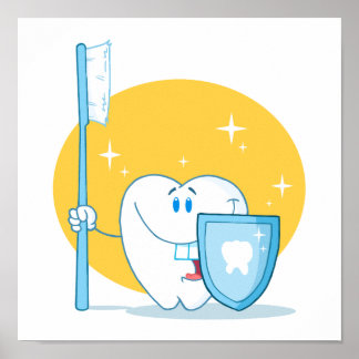 Happy Smiling Tooth With Toothbrush And Shield ポスター