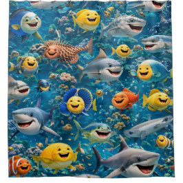 happy smiling under sea creatures, shower curtain  シャワーカーテン