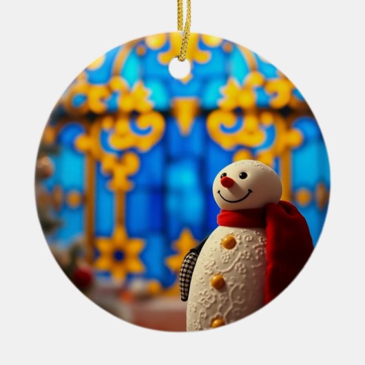 Happy Snowman Christmas – Blue Faux Stained Glass セラミックオーナメント (正面)
