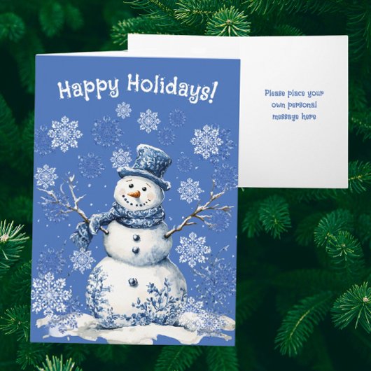 Happy Snowman Snowflakes Blue White Personalized シーズンカード