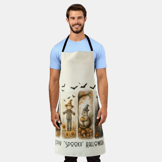 Happy "Spooky" Halloween Scarecrow Squirrel House エプロン (着用した状態)