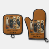 Happy "Spooky" Halloween Skeleton  Ghost Crow 鍋つかみ&鍋敷きセット (正面)