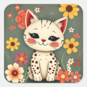 Happy Spotted Kitty with Flowers スクエアシール (正面)