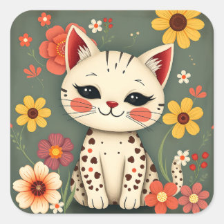 Happy Spotted Kitty with Flowers スクエアシール