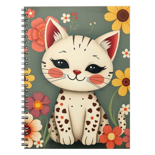 Happy Spotted Kitty with Flowers ノートブック (正面)