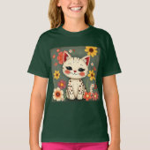 Happy Spotted Kitty with Flowers Tシャツ (正面)
