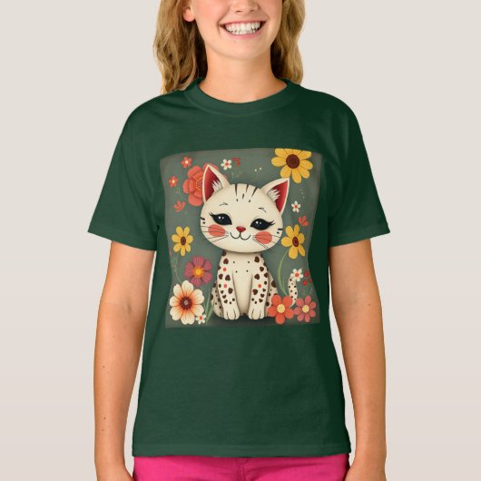 Happy Spotted Kitty with Flowers Tシャツ (正面)