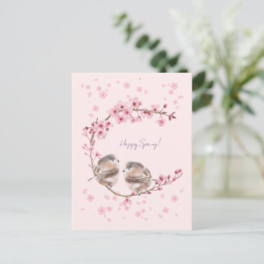 Happy Spring! 桜とかわいいすずめの春のあいさつ♡ シーズンポストカード (スタンド正面)