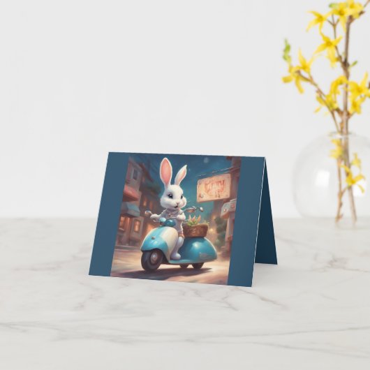 Happy Spring Bunny on a Scooter カード (黄色い花)